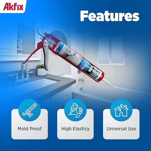 Akfix 100E RTV Black Silicone Caulk (24x10.1 fl.oz.) - 100% Waterproof Silicone Sealant for Kitchen and Bathroom, Shower, Toilet, Sink, Window and Door, UV Resistant, Flexible | Black, 24 Pack