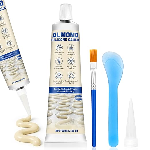 Almond Silicone Caulk, Almond Caulk, 100% Waterproof Sealant for Kitchen & Bathroom, Shrink & Crack Proof Caulking for Tub, Shower, Sink & Window, 30-Min Water Ready, 100ML