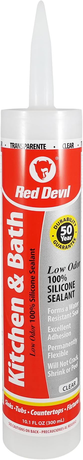 Red Devil 0887 Kitchen & Bath Low Odor Silicone Sealant, 10.1 Oz, Clear, Pack of 1