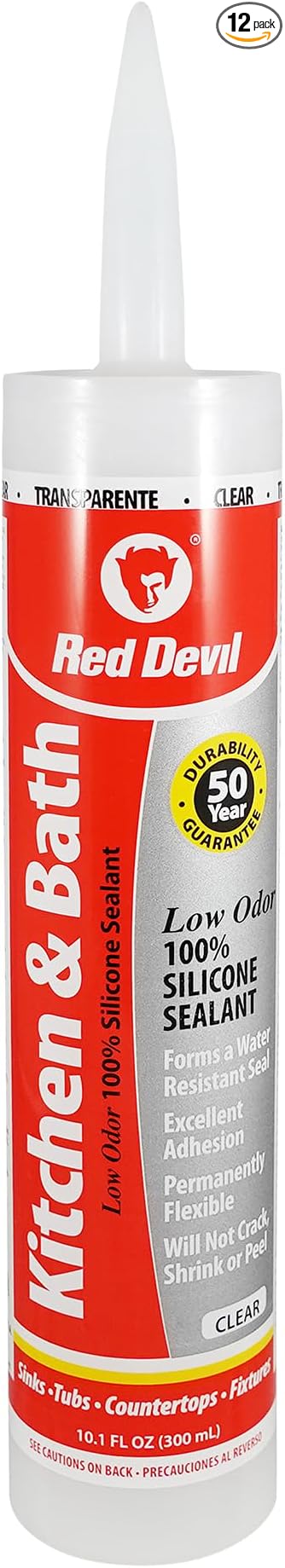 Red Devil 0887 Kitchen & Bath Low Odor Silicone Sealant, 10.1 Oz, Clear, Pack of 12