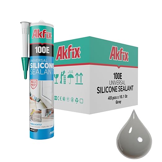 Akfix 100E RTV Grey Silicone Caulk (48x10.1 fl.oz.) - 100% Waterproof Silicone Sealant for Kitchen and Bathroom, Shower, Toilet, Sink, Window and Door, No Yellowing | Grey, 48 Pack