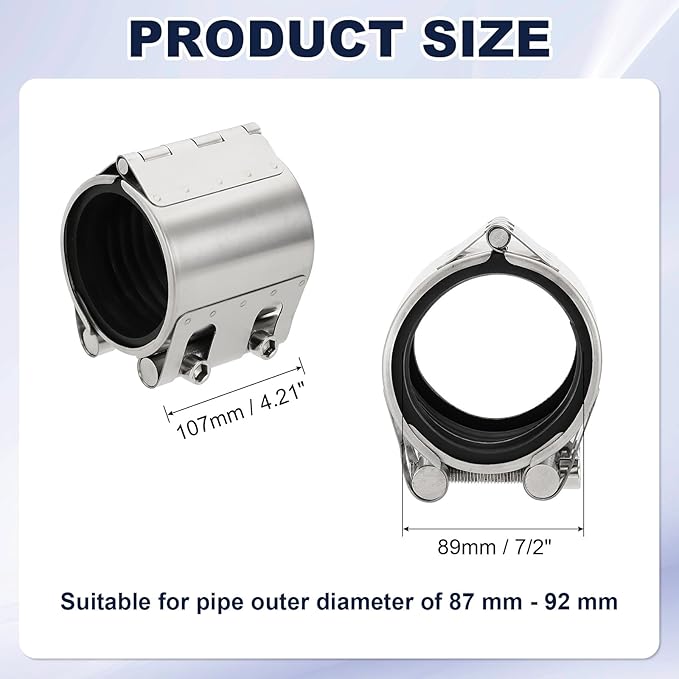 HARFINGTON Pipe Repair Clamp 3-1/2" OD 87mm-92mm 304 Stainless Steel Leak Sealer Emergency Pipe Repair for Plastic Metal Tubing Water Gas Oil Lines, Silver
