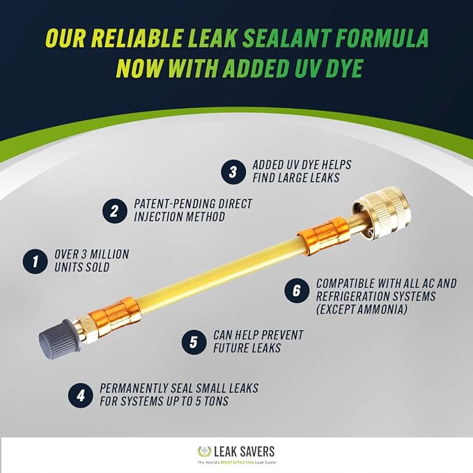 Leak Saver Direct Inject UV - Refrigerant Leak Sealer with Added UV Dye to Detect Large Leaks - for AC, Refrigeration, and Automotive Systems Up to 5 Tons - Compatible with All Refrigerants - 6 Packs