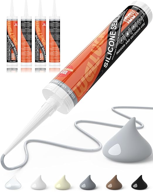 WELLUCK Light Gray Silicone Caulk, 100% Waterproof Silicone Sealant Adhesive Caulking,for RV, Kitchen,Bathroom, Window, Door, Glass,10.2FL.OZ/300ML (4Pack)