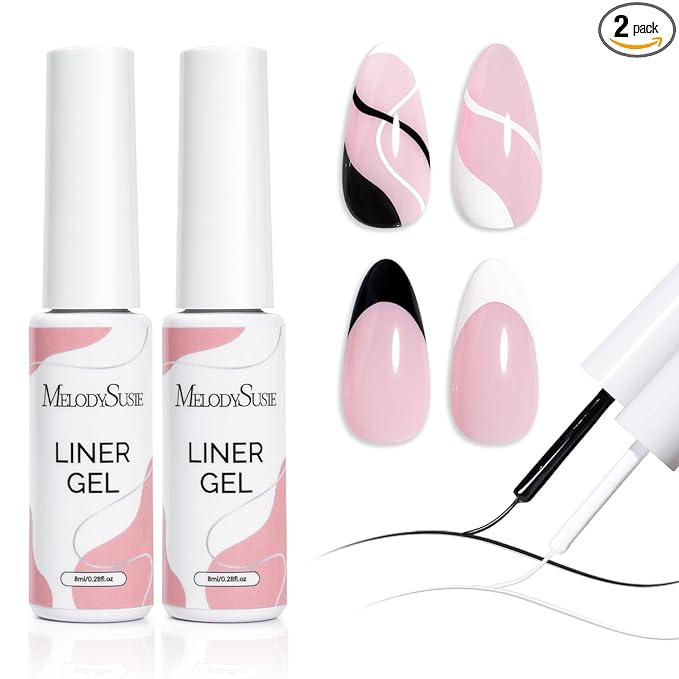 MelodySusie 2Pcs Gel Liner Nail Art Polish,for Line and Patterns of Painting,French Nail Tips,DIY Manicure Pedicure for Home DIY Salon Use 8ML White and Black