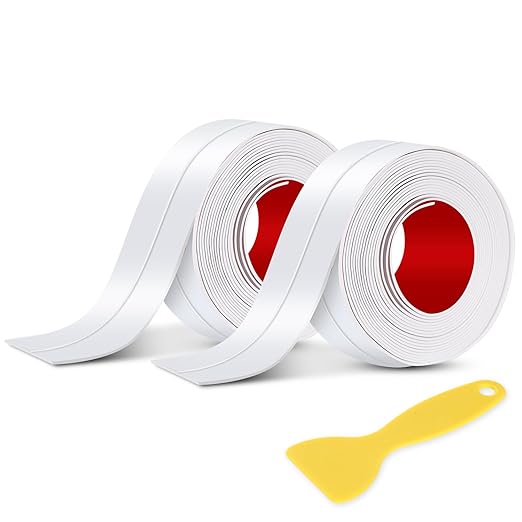 White Caulk Tape 2 Rolls Waterproof Self-Adhesive Tub & Wall Sealing Strip PVC Caulk for Bath & Kitchen Shower Corners, Sink Edges, Toilet Base