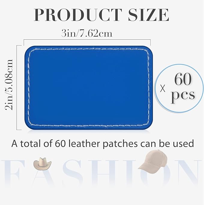 Dunzy 60 Pcs Leather Hat Patches Blank Leatherette Hat Patch with Adhesive Rectangle Laserable Leatherette Patch for Hats Custom Fabric Sew Laser Engraving DIY(Dark Blue,3 x 2 Inch)
