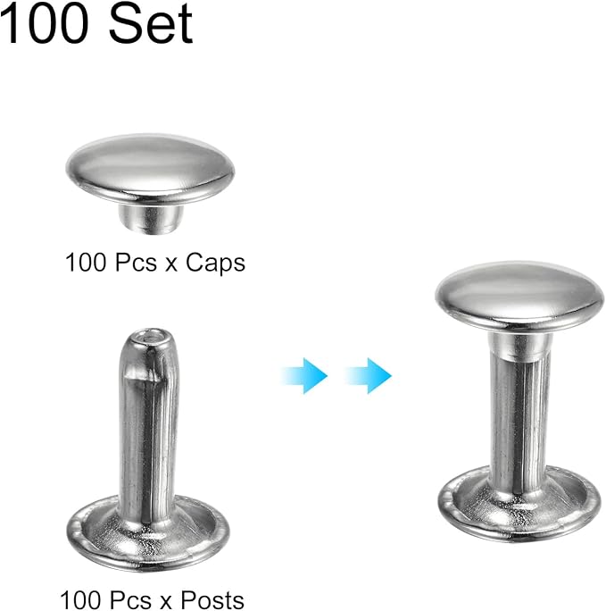 HARFINGTON 100 Sets Double Cap Leather Rivets, 9x12mm Round Cap Tubular Metal Studs Leather Crafting Rivets for Fabric Belt Pet Collar Boot Bag Repair and Decoration, Silver