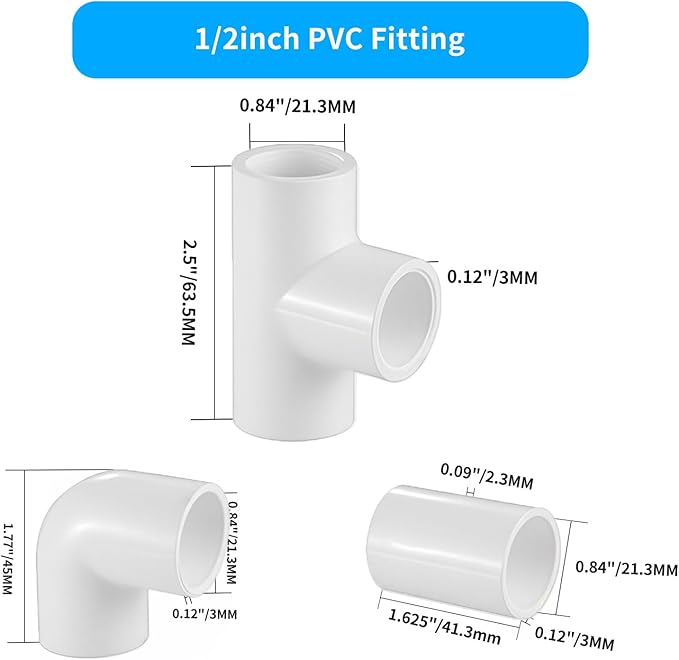 LESSO 30 Pcs 1/2 Inch PVC Fittings Set, Includes Tee Fittings, Couplings, 90 Degree Elbows, Furniture Grade, Sch40 White for DIY Projects, Greenhouse, Shed, Plumbing, and Building