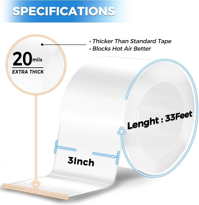 SWRT 3”x33FT Window Weather Sealing Tape Residue-Free, 20-Mil Thick Heavy Duty Window Insulation for Summer, Weather Resistant, Air Conditioner Window Seal Blocks Drafts for Doors Windows