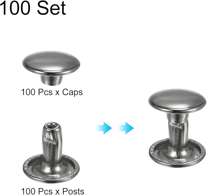 HARFINGTON 100 Sets Double Cap Leather Rivets, 9x8mm Round Cap Tubular Metal Studs Leather Crafting Rivets for Fabric Belt Pet Collar Boot Bag Repair and Decoration, Gunmetal