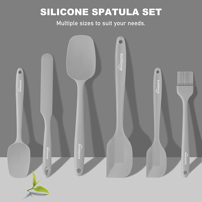 NileHome Silicone Spatula Set, 6 Pieces Food Grade Kitchen Utensils with Silicone Brush Heat Resistant Dishwasher Safe BPA-Free Rubber Spatula for Scraping, Baking, Cooking, Mixing-Grey