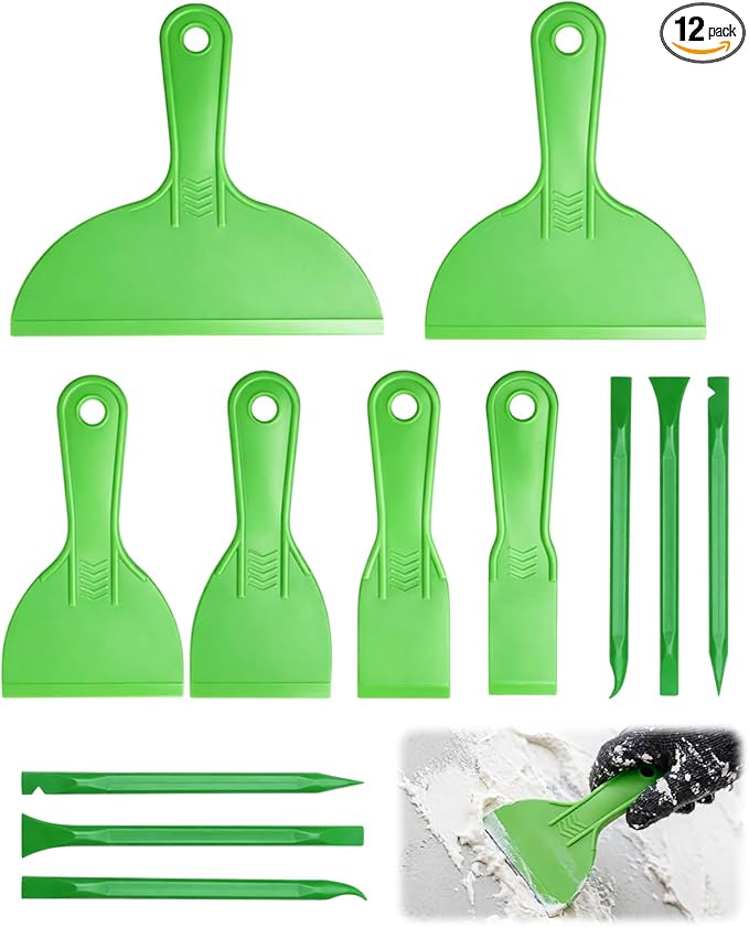 12 Piece Plastic Putty Knife Set Flexible Scraper Tool Kit with 6 Putty Knives and 6 Detail Scrapers for Wall Repair Patching Plastering Painting DIY Projects Green