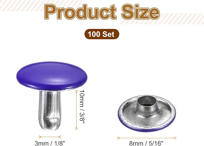 HARFINGTON 100 Sets Double Cap Leather Rivets, 10x10mm Round Cap Tubular Metal Studs Leather Crafting Rivets for Fabric Belt Pet Collar Boot Bag Repair and Decoration, Purple
