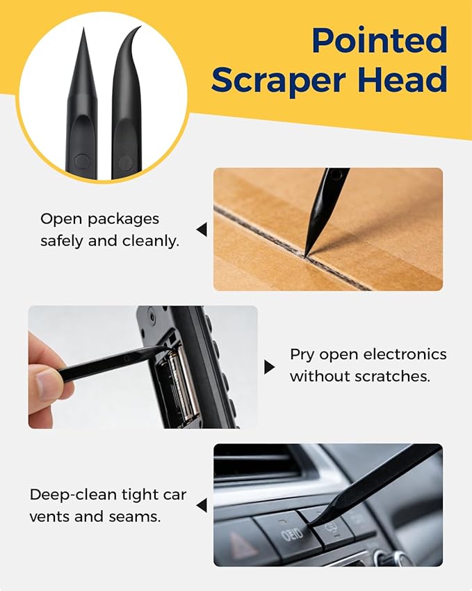 12Pcs Plastic Scraper Tool, Crevice Cleaning Tool, Non-Scratch Car Detailing Supplies for Cleaning, Versatile Label/Sticker Remover & Peeler Tool for Tight Spaces (Black-12Pcs)