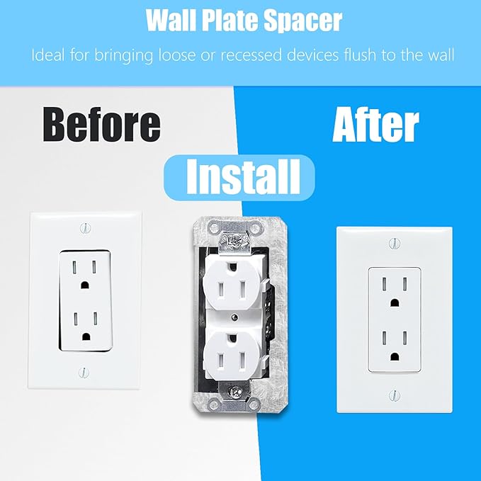 10 Pcs Outlet Spacers, Metal Wall Plate Spacer for Electrical Outlets, Flush Fit Device Leveling Plate for Receptacle Repair, Outlet-Extender Shims for Fixing Protruding Switches & Gaps