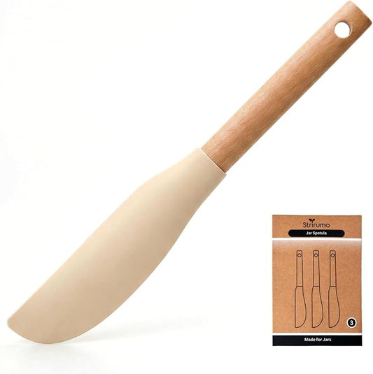 3Pcs 10.7" Silicone Jar Spatula with Natural Beechwood Handle, Removable Flexible Scraper Head for Deep Jars, Thick Non-Stick Small Spatula for Sourdough, Peanut Butter, Blenders & Baking, Cream