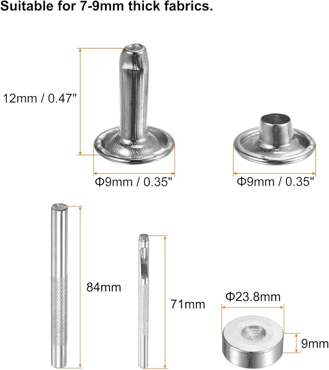HARFINGTON 100 Sets Leather Rivets 12 x 9mm Metal Double Cap Rivet Snaps Studs Fasteners with 3pcs Setting Tools Rivets for Leather Craft DIY Repair Decoration, Silver Tone