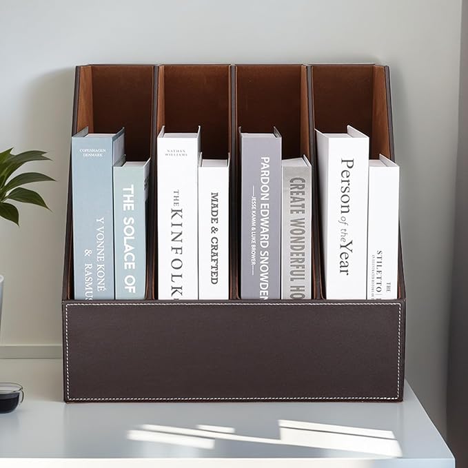 KINGFOM 4-Slot Wood Leather Document Files Holder Rack Stand Desk Files Organizer Papers Collection Cabinet (4 slot brown)