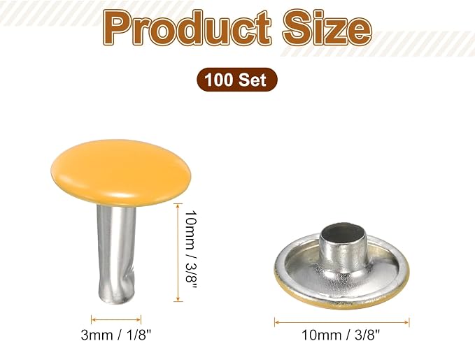 HARFINGTON 100 Sets Double Cap Leather Rivets, 10x10mm Round Cap Tubular Metal Studs Leather Crafting Rivets for Fabric Belt Pet Collar Boot Bag Repair and Decoration, Yellow