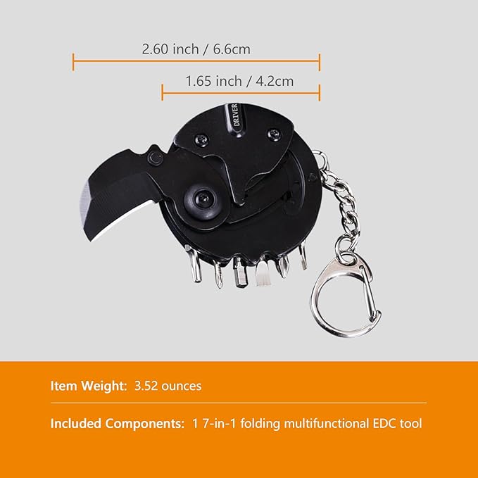 7-in-1 mini outdoor folding multifunctional tool - Small EDC Multitool with Screwdriver Set - portable pocket pendant -Compact Manual Tool (Black stainless steel)