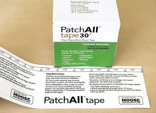PatchAll Kit Clear Polyurethane Adhesive Vinyl Repair Patch Tape Kit, Waterproof, Airtight Patches for Canvas Tent, Boat Upholstery, Car Seat, Leather Furniture, Hole, Awning, and More, 3" x 30' Roll