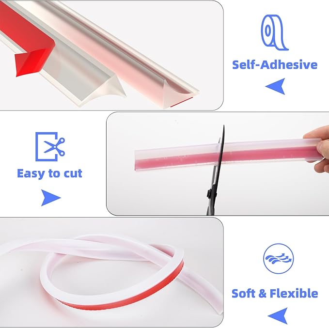 78 Inch Shower Threshold Water Dam Barrier,Silicone Shower Door Bottom Seal for Water Stopper,Flexible Edge Trim for Kitchen Sink Splash Guard,Self Adhesive Water Blocker for Bathtub,Transparent