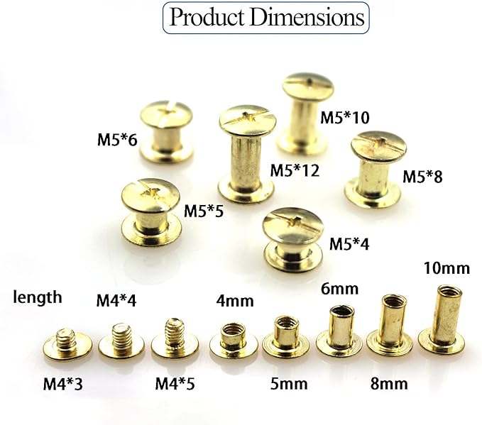 90 Sets M5 Gold Chicago Screws Leather Assorted Kit ，6 Sizes of Screw Rivets for Leather Rivet for DIY Leather Craft and Bookbinding (M5 X 4, 5, 6, 8, 10, 12)