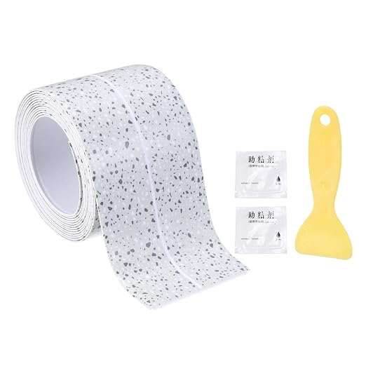 uxcell Caulk Tape Waterproof, 1.42 Inch x 4.92 ft Self-Adhesive Sealant Sealing Strip Caulking Sealant Tape PVC with Tool for Kitchen Sink Toilet Bathroom Bathtub Floor, Ink White