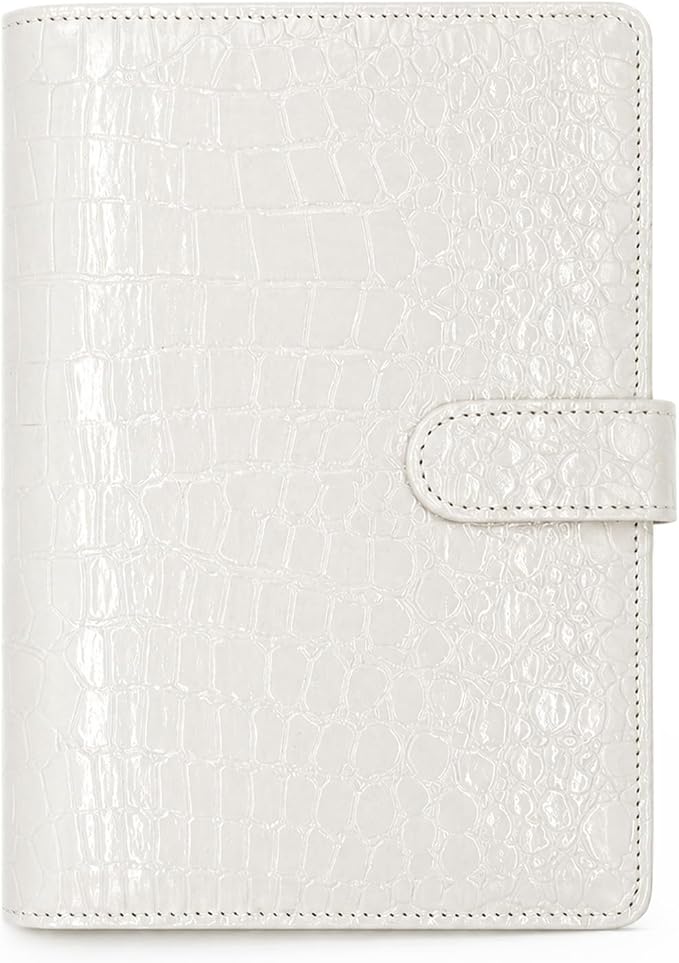 Convend A6/A5 Refillable 6 Ring Faux Leather Budget Binder,Mini Notebook Binder Cover for A5 Filler Paper,Loose Leaf Personal Planner Cover with Magnetic Buckle Closure(Crocodile-White)