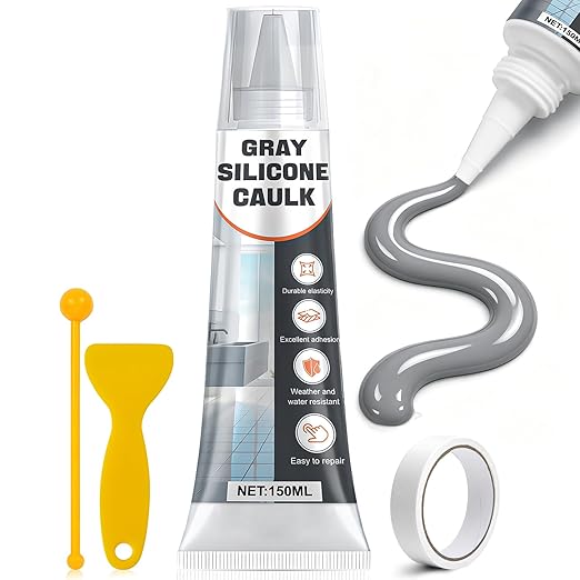 Gray Silicone Caulk, Waterproof Silicone Sealant, Weather Resistant & Flexible for Kitchen and Bath, Shower, Tub, Window, Shrink & Crack Proof Indoor & Outdoor Use Caulk, 150g