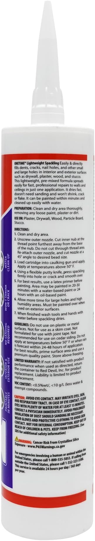 Red Devil 0550 Onetime Lightweight Spackling, 10.1 oz. Cartridge, White, 1 Pack