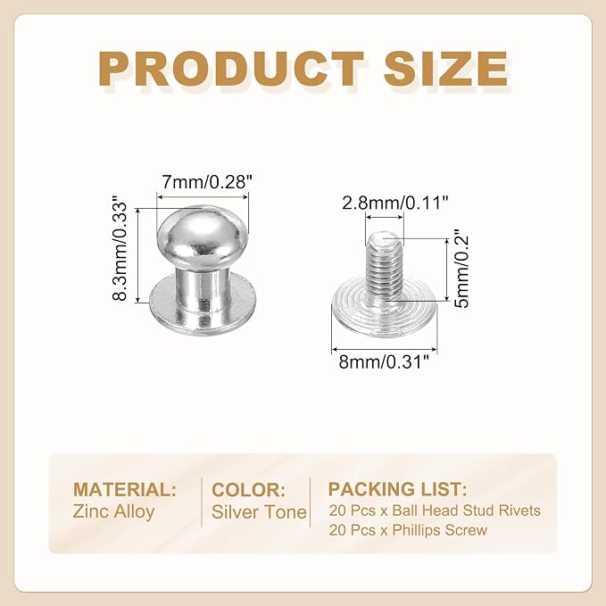 PATIKIL 7 mm Leather Rivets, 20 Sets Ball Head Stud Screw Back Round Head Button Chicago Screw Nipple Stud Rivet for Leather DIY Craft Handbag Belt Repairs, Silver Tone