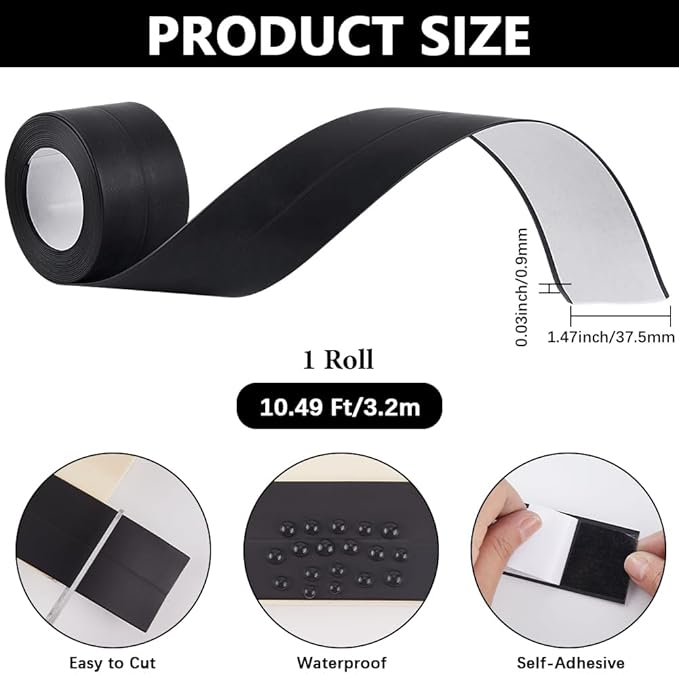 CRASPIRE 10.5Ft x 1.5in Black Caulk Tape Sealant Tape Self Adhesive Waterproof Sealing Corner Caulking Strip for Wall Floor Kitchen Bathroom Corner Protector Decorative Edge Bathtub Shower Sink