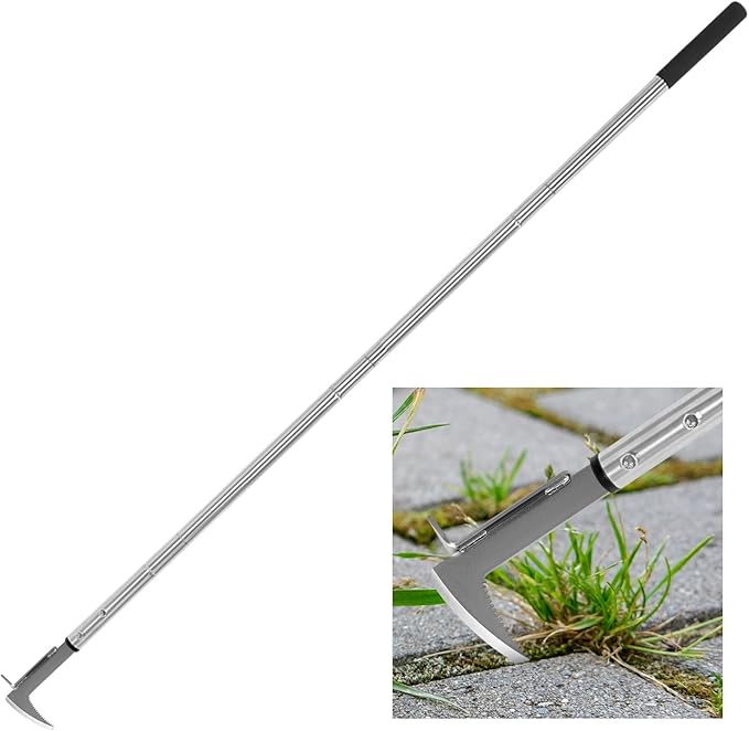BARAYSTUS Crack Weeder, Stainless Steel Manual Crevice Weeding Tool, Long Handle Weed Grabber Remover, L-Shaped Manual Weeder Puller, Durable Crevice Weeding Tool for Sidewalk Garden Patio Lawn