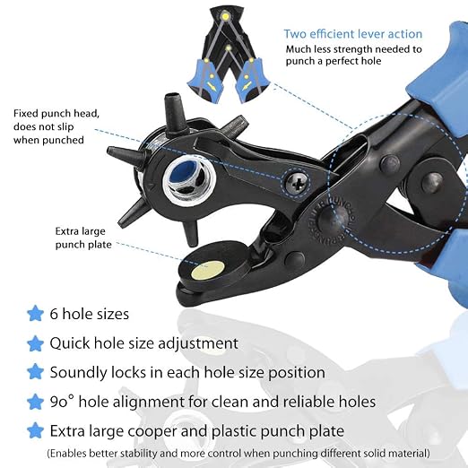 Leather Hole Punch, Belt Hole Puncher - Upgraded Version with Hole Size Dial, Premium Puncher for Belts, Watch Bands, Straps, Dog Collars, Saddles, Shoes, Fabric, DIY Home, Heavy Duty Rotary Punch Set