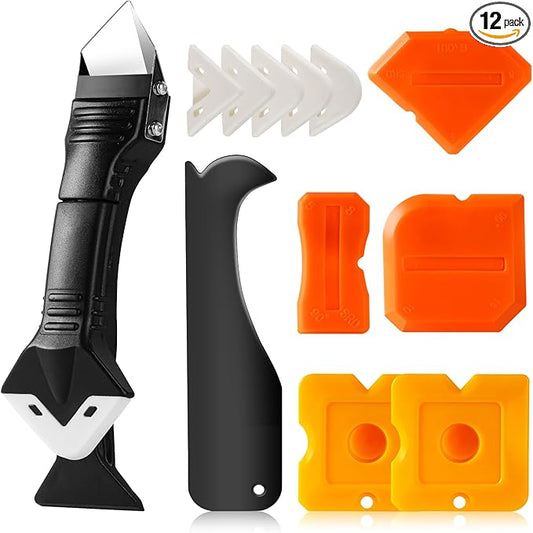 3 in 1 Silicone Caulking Tools（Stainless Steelhead), 12pack, Caulk Remover Tool Kit with Replace Silicone Padsgood Pads and Caulk Finishing Tools, Caulking Tool Kit for Kitchen, Bathroom