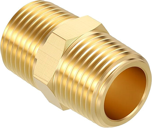 Pack of 1, 3/8" NPT Male to 3/8" NPT Male Solid Brass Hex Nipple Hose Connectors, Male Pipe Adapter for Pipe Leak Repair, Bathroom Remodeling, Tool Extensions, Compression
