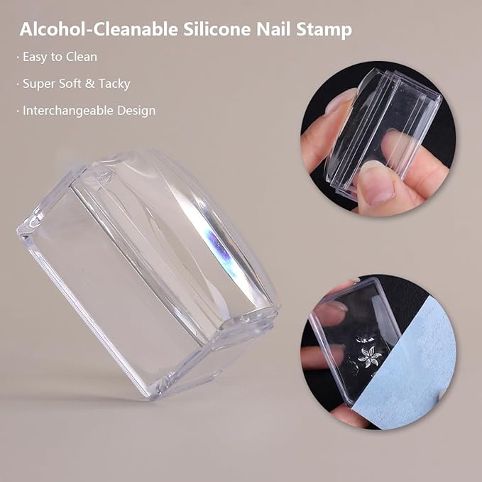 French Tip Nail Stamper, Clear Silicone French Tip Tool with Nail Scraper Alcohol-Washable Soft Jelly Stamp Head Manicure Guide for Gel Polish Printing Design Home Salon Nail Art Supplies
