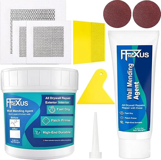 Drywall Repair Kit – 4.23 oz Tube + 8.47 oz Putty Jar with 2×2″&4×4″ Wall Patch Mesh, Dual Scrapers & 2 Sandpapers| Fast-Dry Spackle & Sheetrock Crack Filler for Wall, Ceiling, Plaster Repair