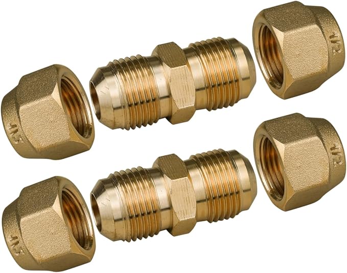 2 Pieces Air Conditioning Copper Pipe Extension Connectors Brass Flare Fitting Nuts 1/2" Butt Copper Tube Fitting with Flare Nut