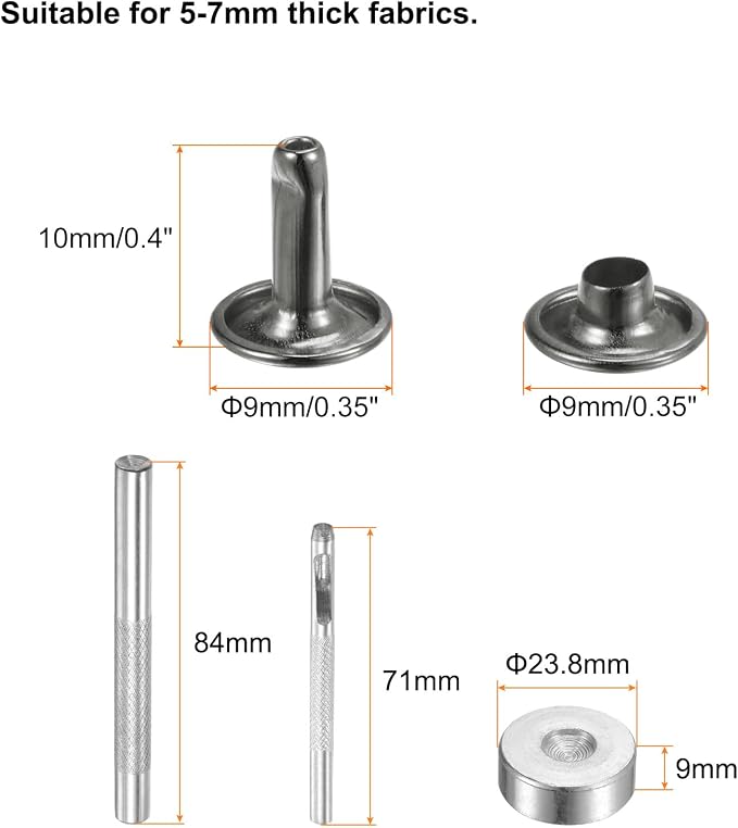 HARFINGTON 100 Sets Leather Rivets 10 x 9mm Metal with 3 Setter Tools Gunmetal
