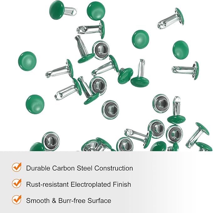 HARFINGTON 100 Sets Double Cap Leather Rivets, 6x8mm Round Cap Tubular Metal Studs Leather Crafting Rivets for Fabric Belt Pet Collar Boot Bag Repair and Decoration, Green