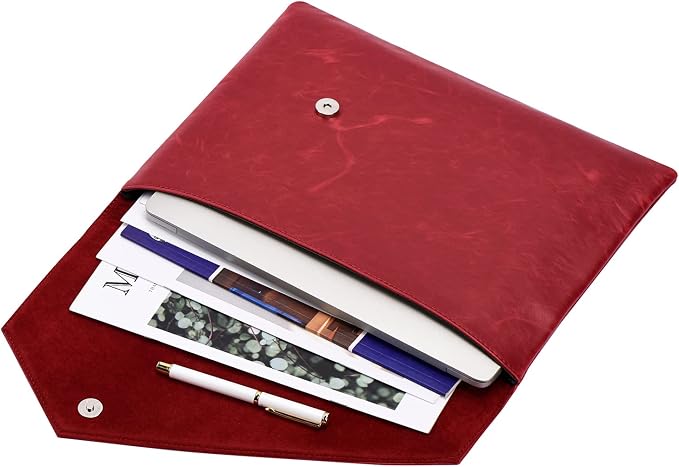 Vintage Leather 13.5" Business Clutch Envelope Bag Documents Certificate Laptop Sleeve Case Office File Folder (Rose red)