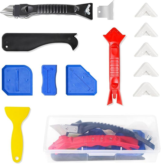 Stainless Silicone Caulking Tools Kit,Set of 13pcs Sealant Finishing Tool Grout Scraper,Putty Knives,5 Silicone Pads,Sink Joint Caulk Remover with 3pcs Glass Glue Angle Scraper