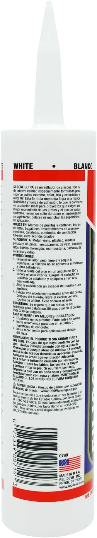 Red Devil 0780 Silicone Ultra 100% RTV Silicone Sealant, 10.1 oz., White, 1 Pack