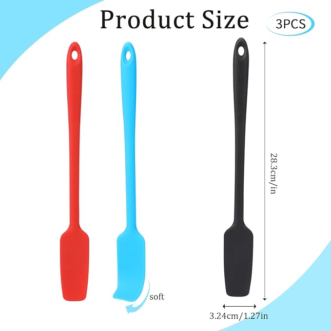 3 Pcs Silicone Jar Spatulas with Long Handle, Jam Spreader Rubber Spatula Heat Resistant Non-Stick Silicone Scraper Small Spatulas for Baking and Cake Icing Kitchen Use, 3 Color