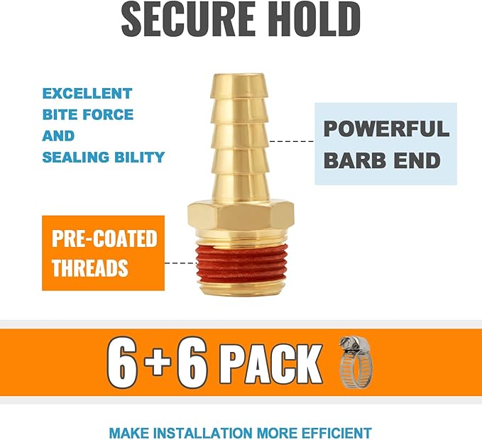 SUNGATOR 6-Pack 1/4'' Barbed Air Hose Fittings, Brass 1/4 Inch NPT Male Air Hose Repair Kit with Sealant, Barbed Gas Line Repair Brass Fittings with 6 Pcs Clamps