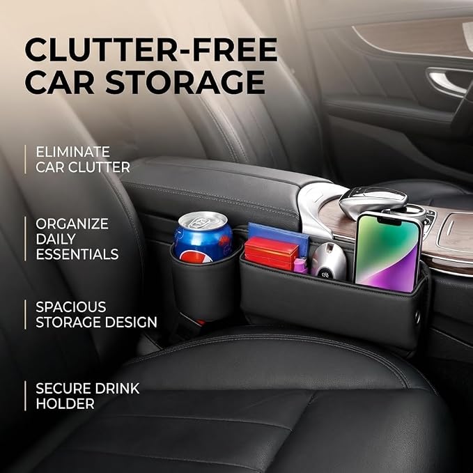 2-Pack Car Seat Gap Filler Organizer with Cup Holder - Premium Leather - Universal Fit - Keeps Phone/Wallets/Keys/Cans Organized (Driver & Passenger Side)
