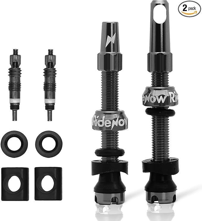 RideNow Tubeless Presta Valve Stems, 45mm Super Light 7075 Aluminum Alloy Presta Tubeless Valve Stem Kit with Valve Core Remover Tool and Valve Stem Caps, Multiple Color & Size(Pair), Titanium Gray